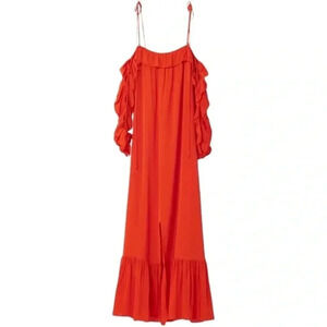 RODEBJER | Arlo Maxi Dress in Poppy Red | Long Flowy Front Slit | Long Sleeve S
